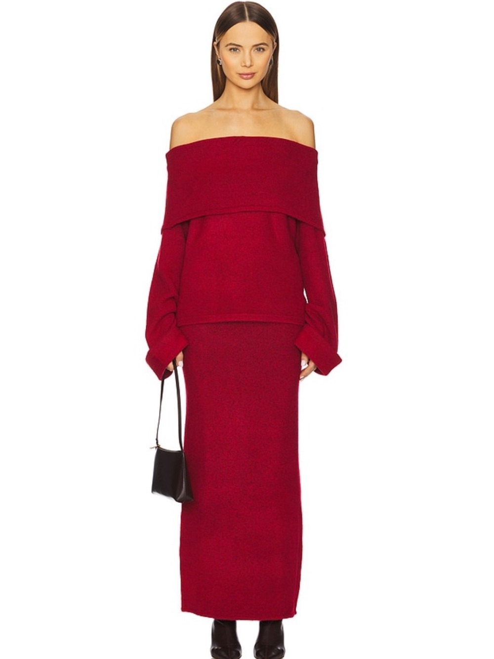 Off-the-Shoulder Red Women's Sweater - Elegant Draped Neckline